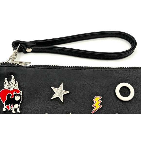Stradivarius Wristlet‎ Accessory Zipper Bag Sewn Enamel Pins Blk Silver Hardware - Picture 15 of 16